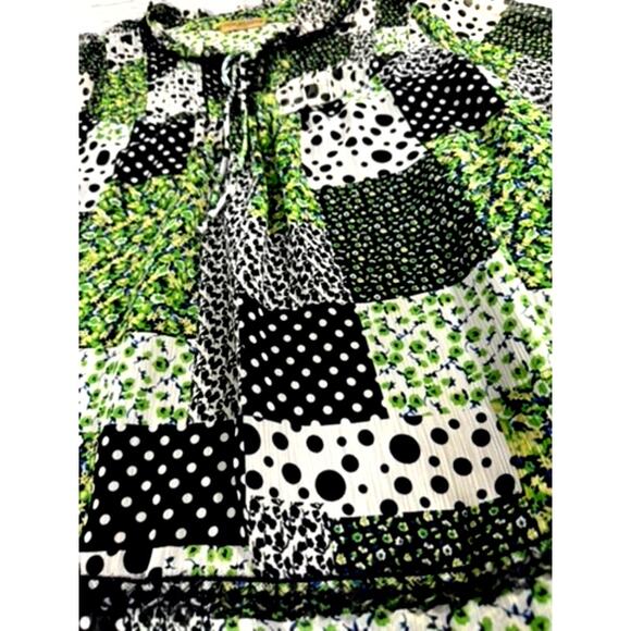 "Notations" Patchwork Sheer Blouse, TIe in Front,Ruffled Sleeves.Artsy,Country - Picture 5 of 8